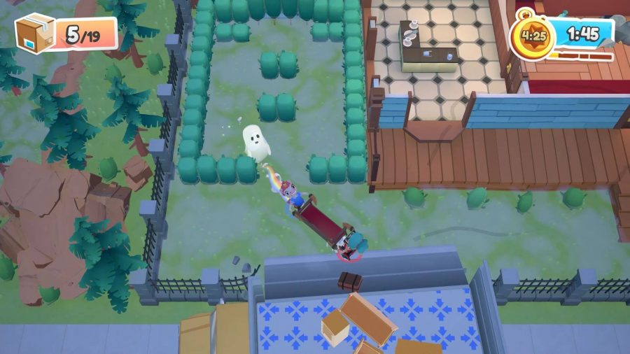 Melhores jogos multiplayer do Switch: dois personagens tentam mover móveis em um jardim cheio de perigos
