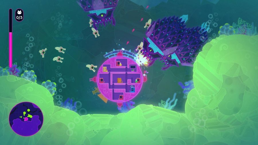 Melhores jogos multiplayer do Switch: uma cena colorida mostra uma nave espacial esférica navegando pelo espaço 