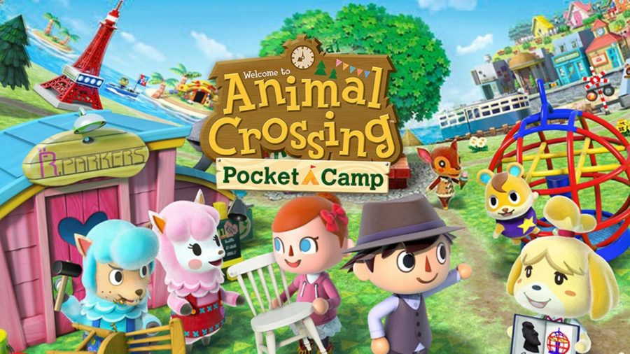 Arte de Animal Crossing: pocket Camp, mostrando vários personagens circulando e em geral se divertindo.