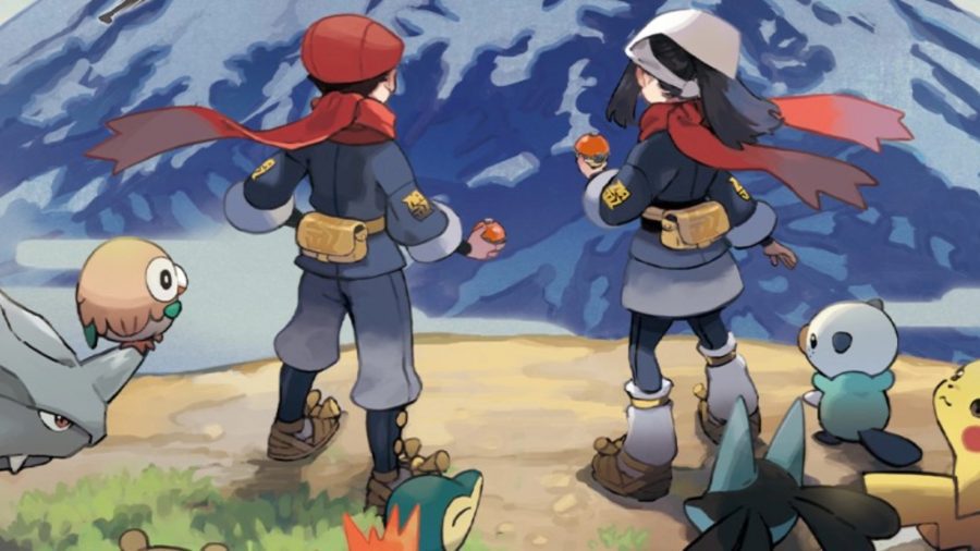 Dois treinadores em um penhasco cercado por pokemon