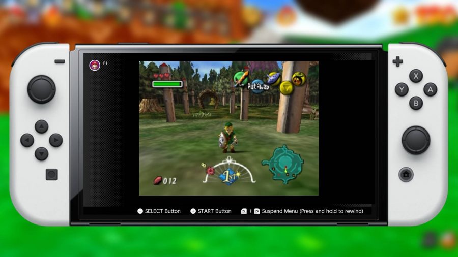 Um modelo Switch OLED mostra uma captura de tela de The Legend of Zelda Majora's Mask 