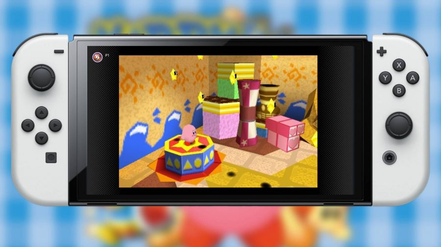 Jogos do Nintendo Switch Online N64 - Um modelo OLED do Nintendo Switch está jogando Kirby N64: The Crystal Shards