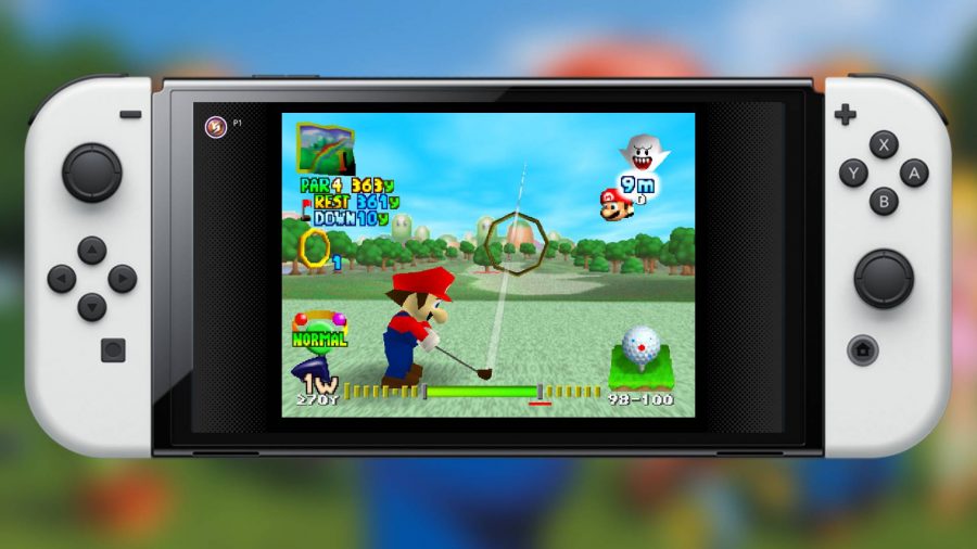 Jogos do Nintendo Switch Online N64 - Um modelo OLED do Nintendo Switch está jogando Mario Golf