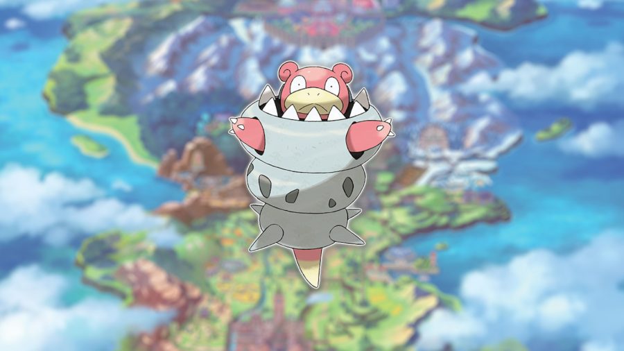 O Pokémon psíquico Slowbro em sua forma Mega, o que significa que eles pularam em sua concha de caranguejo eremita, e seus braços estão saindo dos lados e a cabeça para fora.  Eles são um pouco como um ornitorrinco rosa.