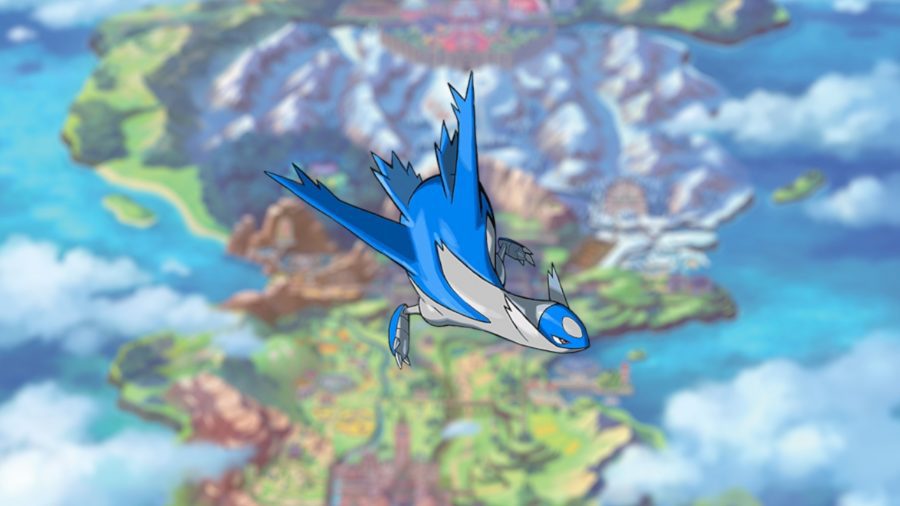 O Pokémon psíquico Latios, que se parece com um avião com a cabeça de um pássaro, só que um pouco parecido com uma baleia também.