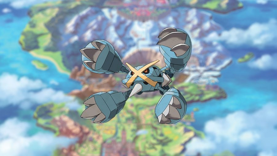 O Pokémon psíquico Metagross, uma grande criatura de quatro patas, ligeiramente parecida com um caranguejo, mas um pouco mais mecânica.  Eles são azuis.