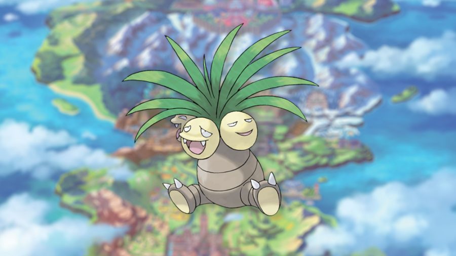 O Pokémon psíquico Exeggutor, que se parece com uma palmeira, exceto que os cocos são seu rosto.