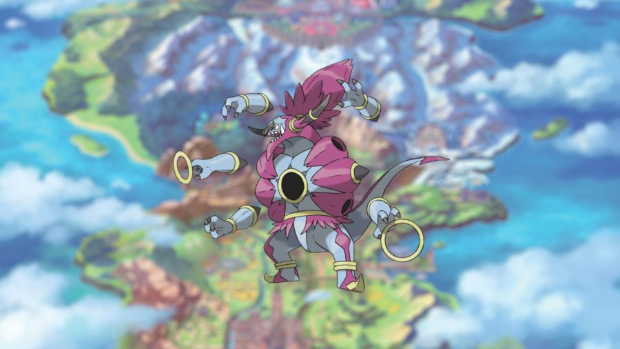 O Pokémon psíquico Hoopa em sua forma livre, que é apenas uma bagunça de anéis de ouro, mãos flutuantes e outras coisas.