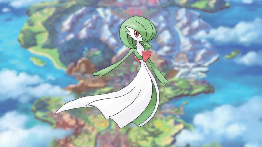 O Pokémon psíquico Gardevoir, que se parece com um vestido elegante vestindo um pássaro ou algo assim.  São de cor verde e branca.