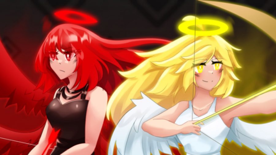 Duas mulheres, uma loira com asas de anjo e uma auréola, empunhando um arco, e uma ruiva com uma auréola vermelha, asas vermelhas e uma espada.