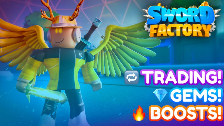 Códigos Sword Factory X;  um personagem Roblox com asas e uma espada nas costas.  O logotipo do jogo está em primeiro plano.