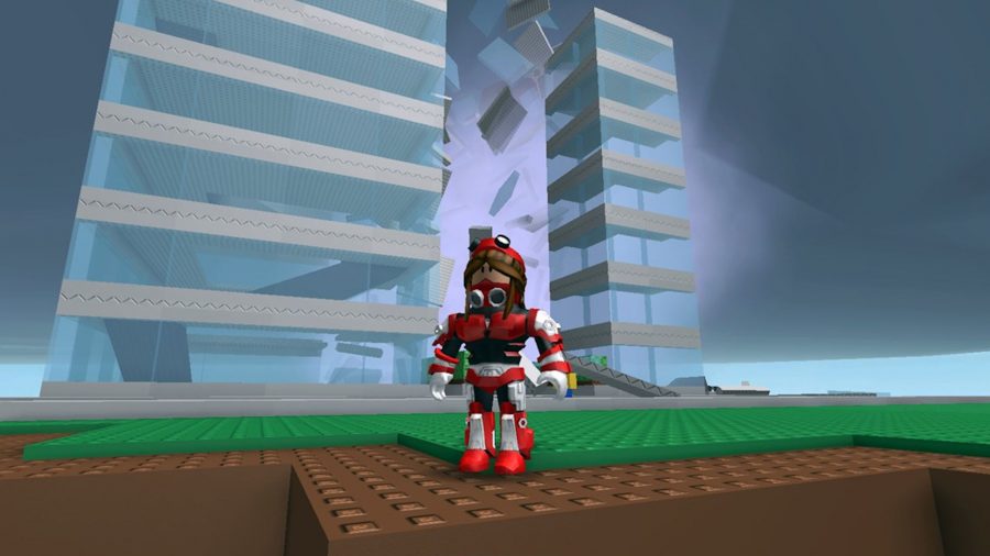 Um avatar de traje mecânico vermelho disponível assim que você tiver um login no Roblox