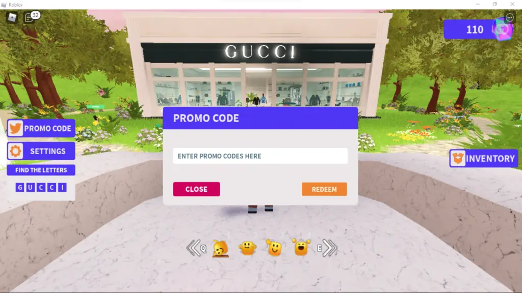 Captura de tela dos códigos da cidade Gucci
