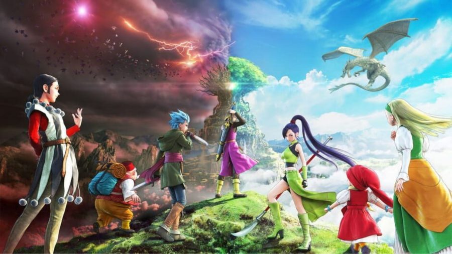 Arte de Dragon Quest XI Echoes of an Elusive age, um jogo como Pokémon, apresentando a arte de cada personagem enquanto eles examinam uma paisagem, metade dela envolta em fogo, a outra metade com um dragão em céu claro.