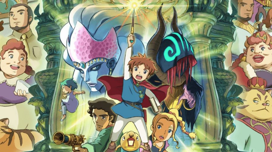 Arte do jogo Ni No Kuni, um jogo como Pokémon, apresentando um personagem levantando uma espada enquanto vários personagens o cercam.