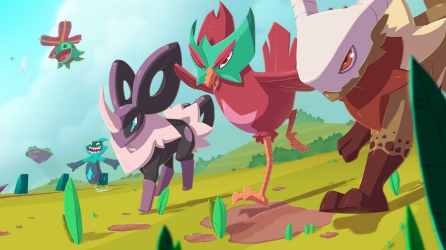 Arte de Temtem, um jogo como Pokémon, com três animas: um parece uma galinha com uma máscara veneziana, um parece um coelho de pernas compridas com um chifre de rinoceronte, o outro parece um menino com uma caveira na cabeça.