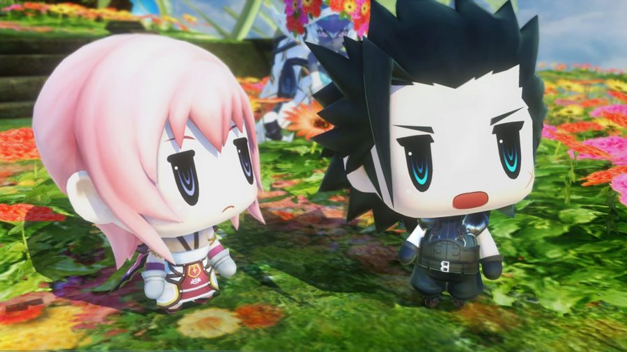 Uma captura de tela do World of Final Fantasy, um jogo como Pokémon, mostrando dois personagens chibi (corpo minúsculo, cabeça gigante), um com cabelo preto, outro com rosa, olhando para longe.