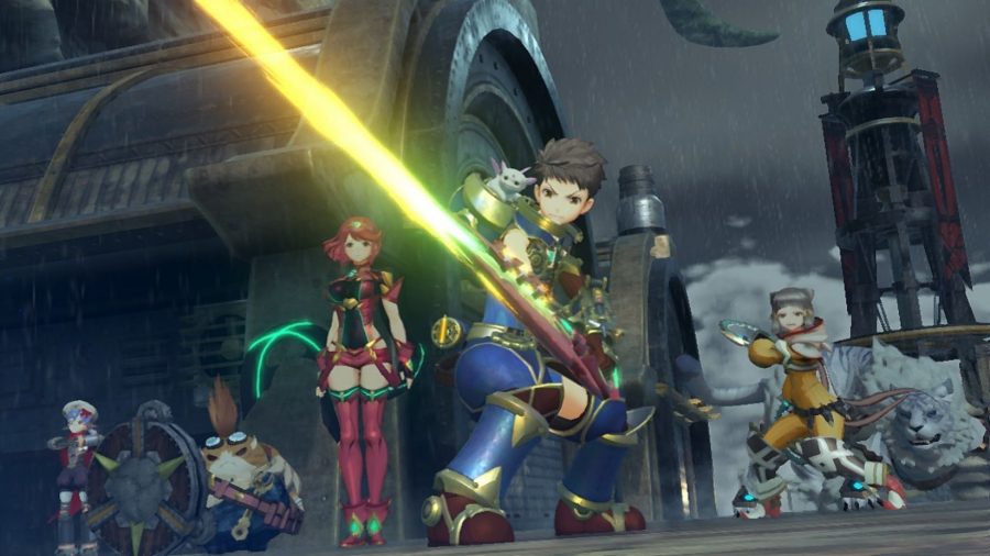 Uma captura de tela de Xenoblade Chronicles 2, um jogo como Pokémon, mostrando Rex segurando sua espada, defendendo Pyra, Mia e seus outros amigos.