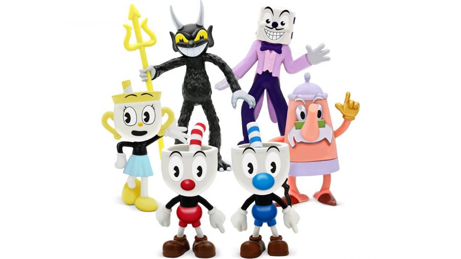 Cuphead plush: uma imagem do produto mostra vários brinquedos diferentes baseados em personagens do jogo Cuphead