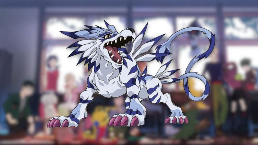 Uma imagem do lobo Digimon Garururmon sobre uma imagem borrada de personagens Digimon Survive coletados em um único quarto