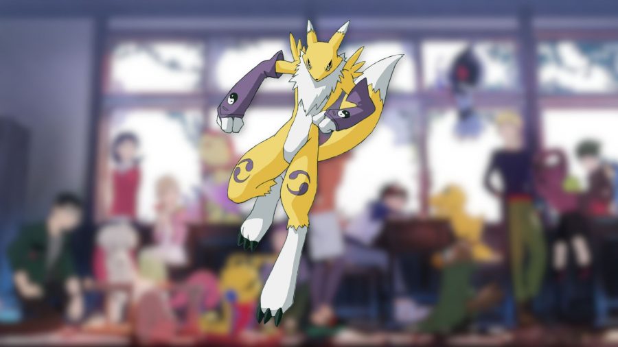 Uma imagem do cão lobo Digimon Renamon sobre uma imagem desfocada de personagens Digimon Survive coletados em um único quarto