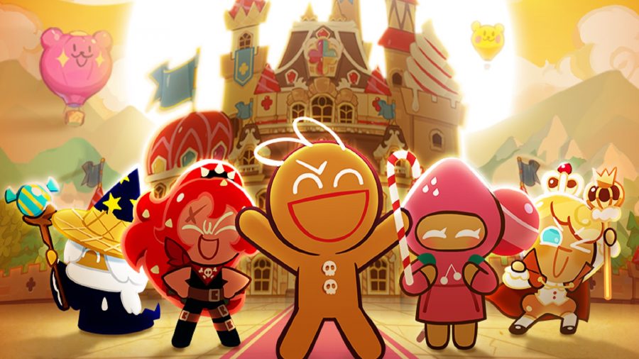 Um grupo de personagens de Cookie Run: Kingdom pulando na frente de um castelo