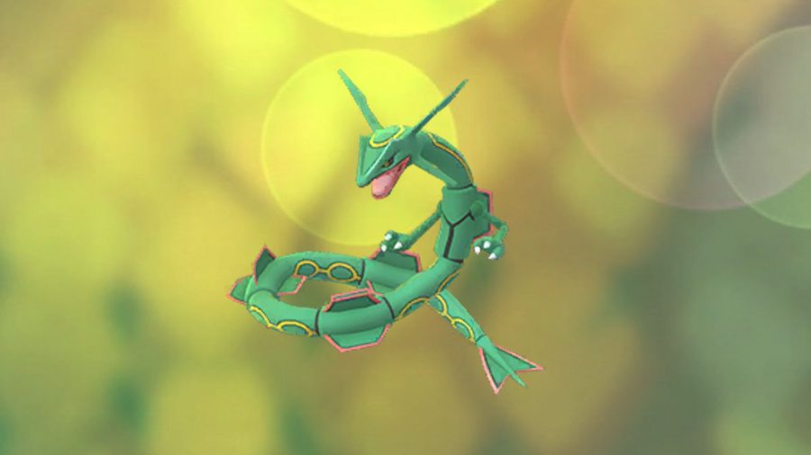 Rayquaza de Pokémon Go contra um fundo amarelo brilhante