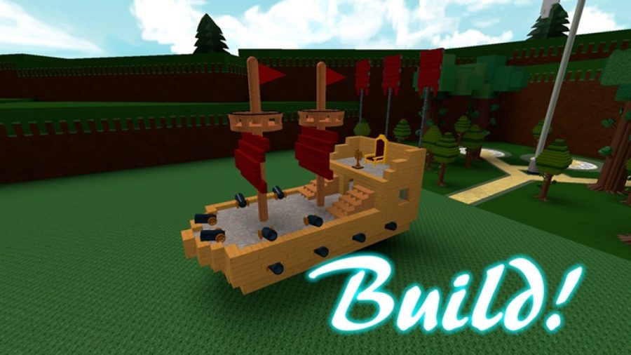 Um navio pirata em blocos do jogo Roblox Build a Boat