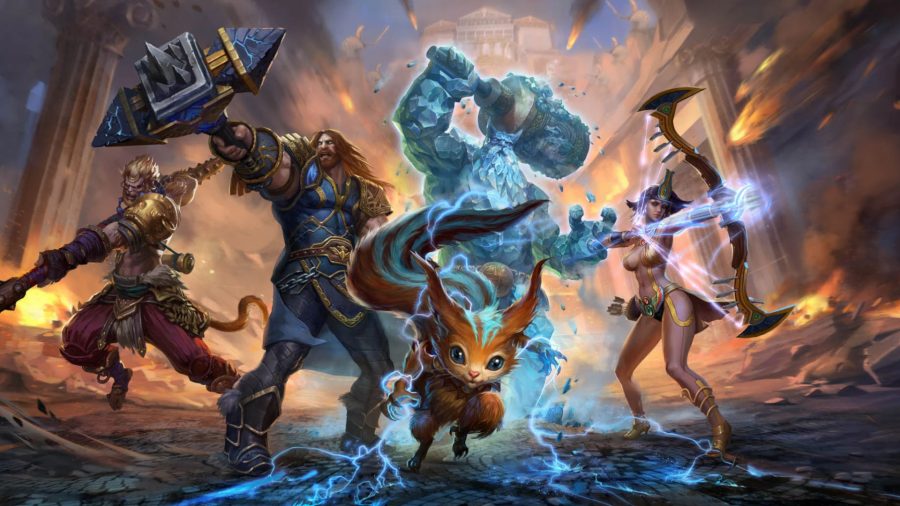 Uma coleção de personagens Smite reunidos em torno do adorável deus rato Ratatoskr