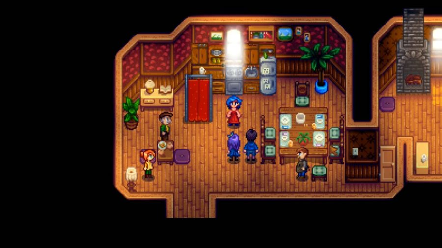 Emily de Stardew Valley com um grupo de pessoas