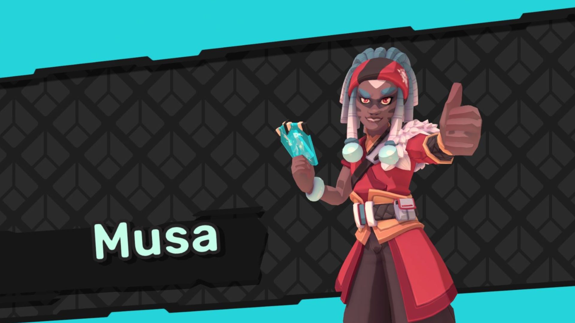 Captura de tela da tela especial do dojo Temtem com uma pose do líder Musa