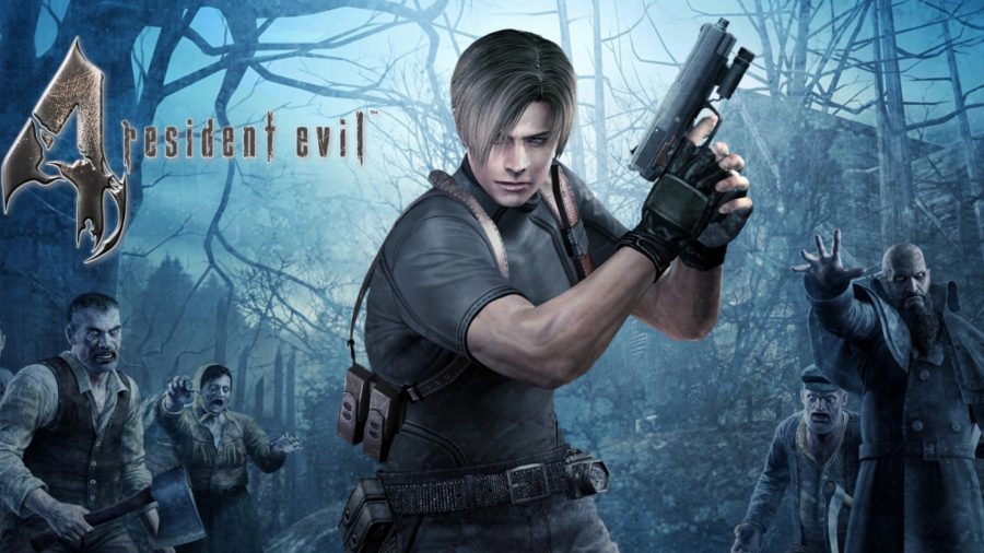 Leon Kennedy posando com um gunn com zumbis ao fundo