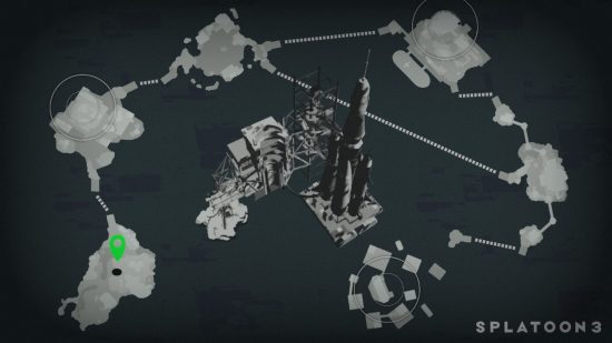 Uma captura de tela do Splatoon 3 mostrando um mapa em preto e branco, composto de seis ilhas ao redor de uma estrutura central com um foguete nela.