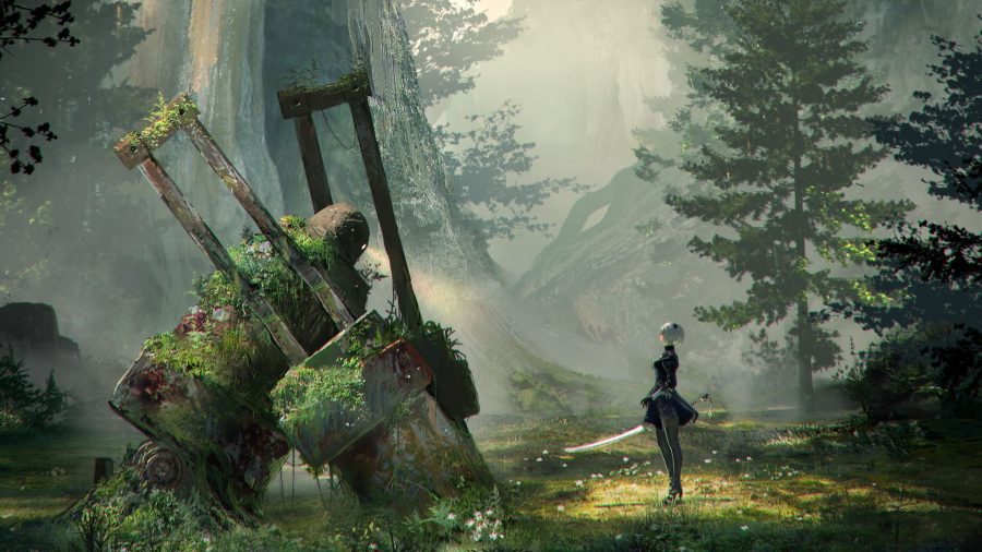 Arte para Nier Automata, 2B diante de uma coisa mecânica gigante abandonada, musgo envolto.