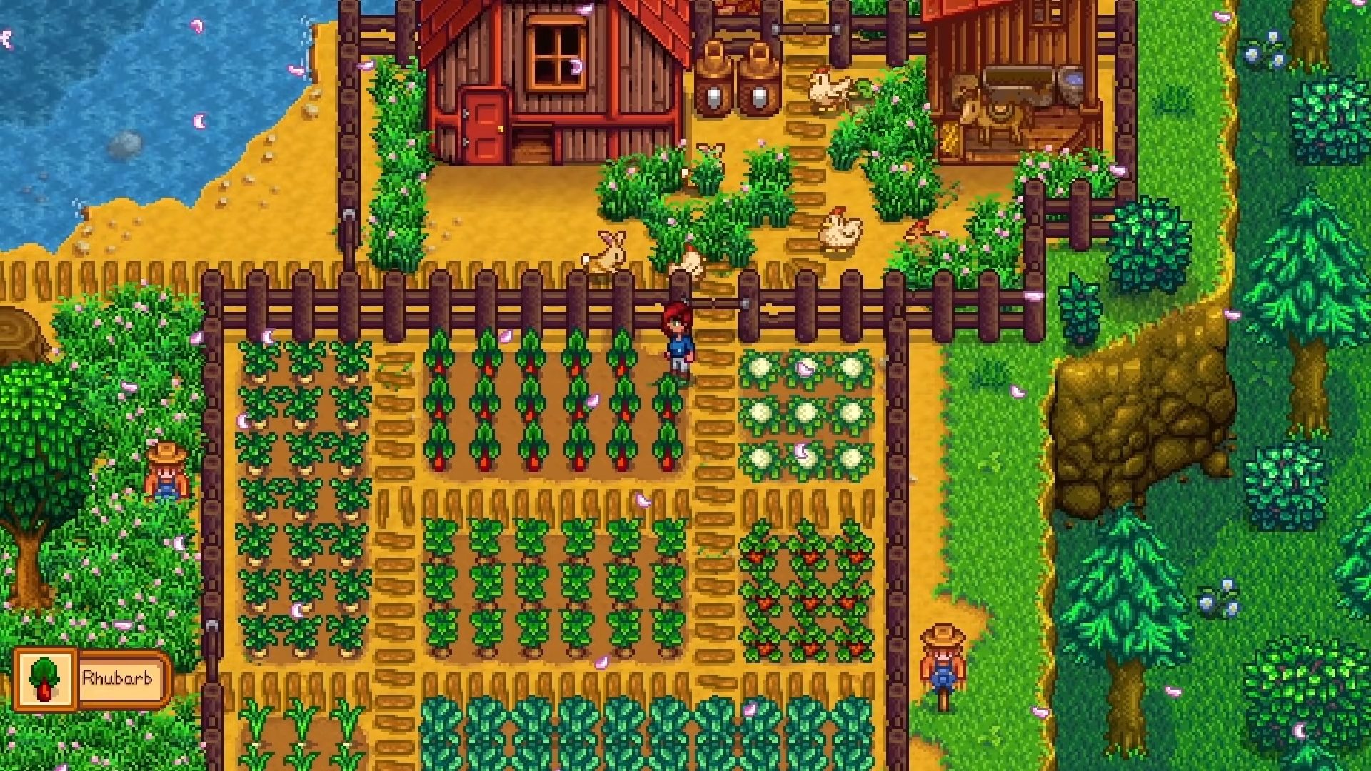 Melhores jogos de fazenda - Stardew Valley.  Uma captura de tela mostra um personagem do jogador em meio a muitos tipos de plantações, com sua casa não muito atrás.
