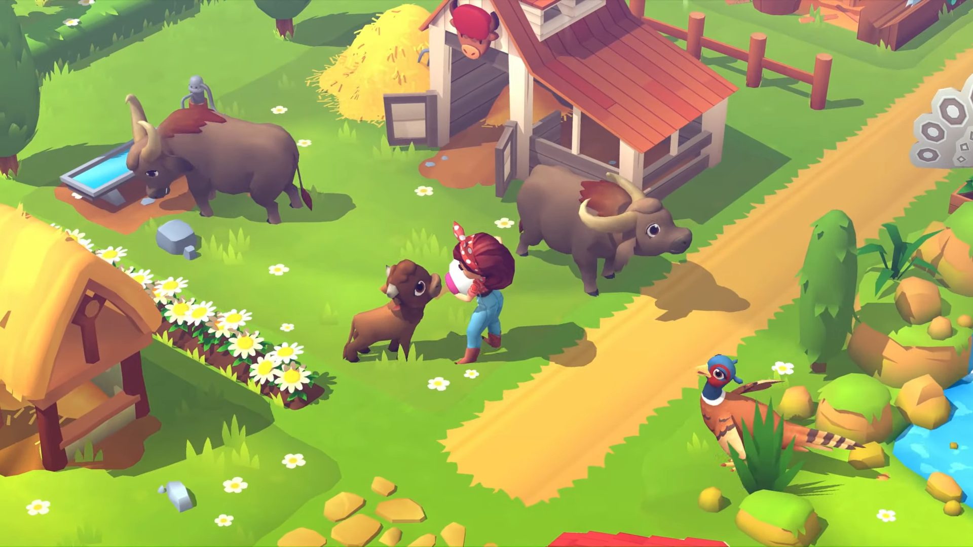 Melhores jogos de fazenda - FarmVille 3. Uma captura de tela mostra um personagem alimentando um bebê com leite de vaca em uma fazenda.