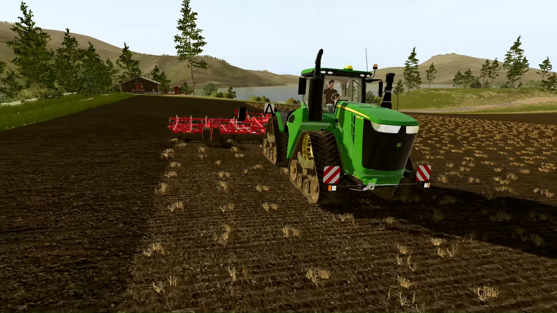 Melhores jogos de fazenda - Farm Simulator 20. Uma captura de tela mostra um trator atravessando terras agrícolas.