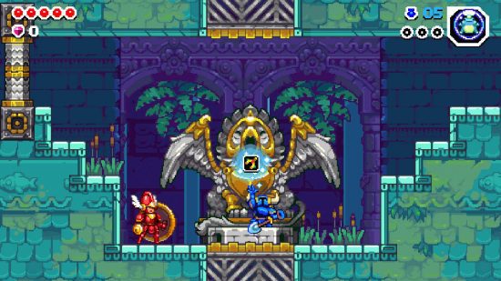 Revisão do Shovel Knight Dig: Shovel Knight aparece na frente de uma gigantesca estátua de um grifo