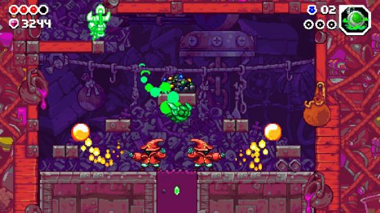 Revisão do Shovel Knight Dig: Shovel Knight usa uma habilidade mágica verde para explodir uma área vermelha cheia de magos