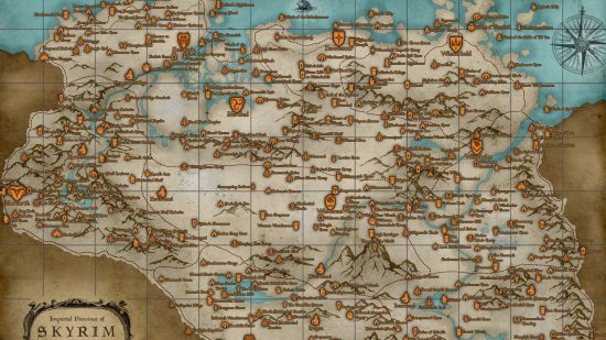 Um mapa de Skyrim, completamente repleto de ícones.