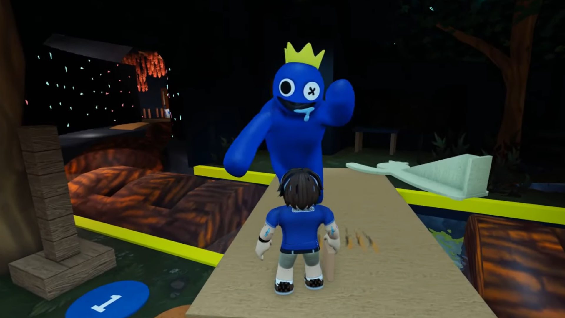 Um dos personagens de Rainbow Friends, Blue, perseguindo o jogador
