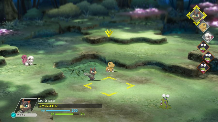 Captura de tela de Agumon e Falcomon participando de uma batalha estratégica em uma área gramada