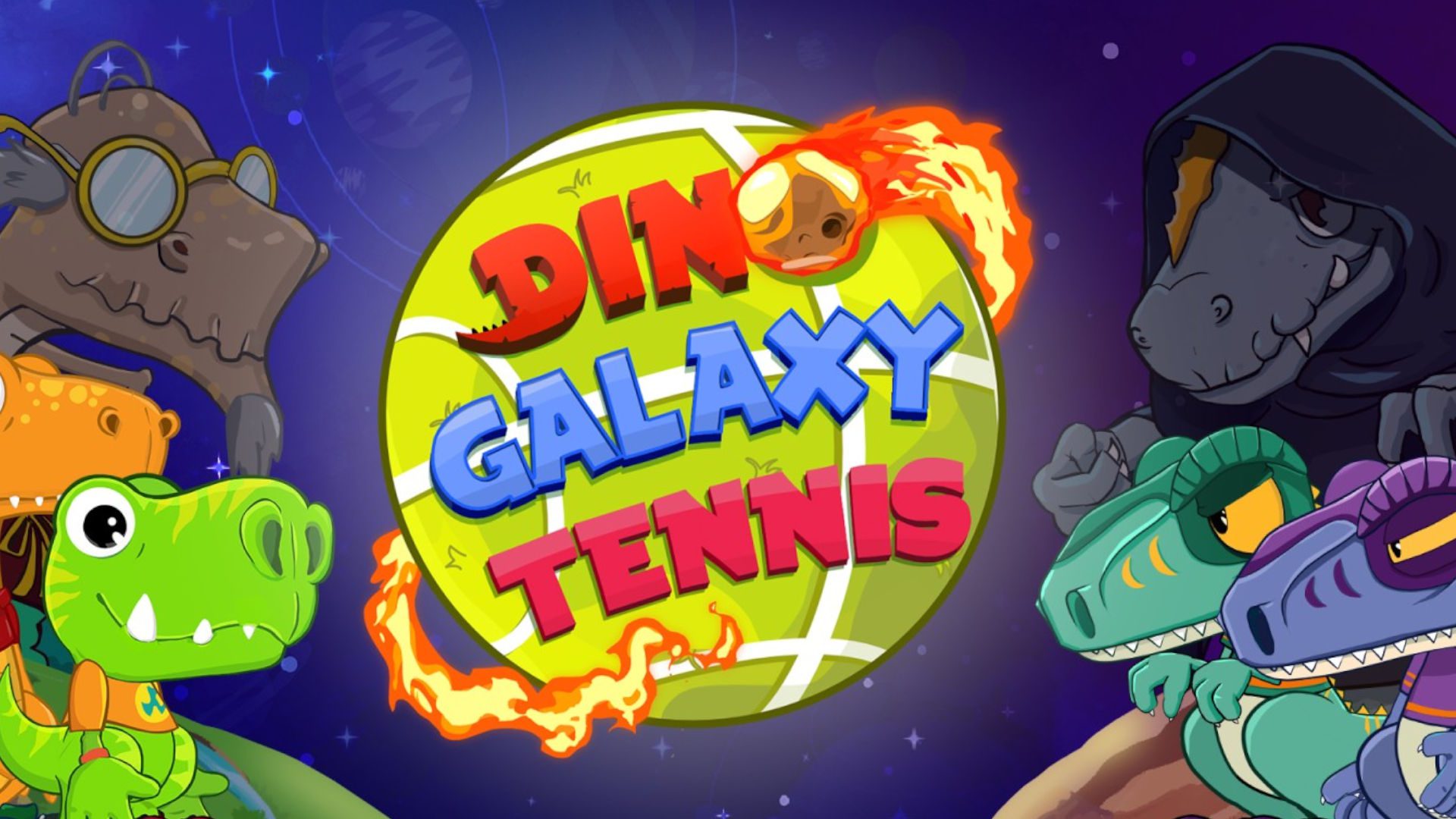 Arte chave do Dino Galaxy Tennis, um dos jogos de tênis mais malucos do Switch