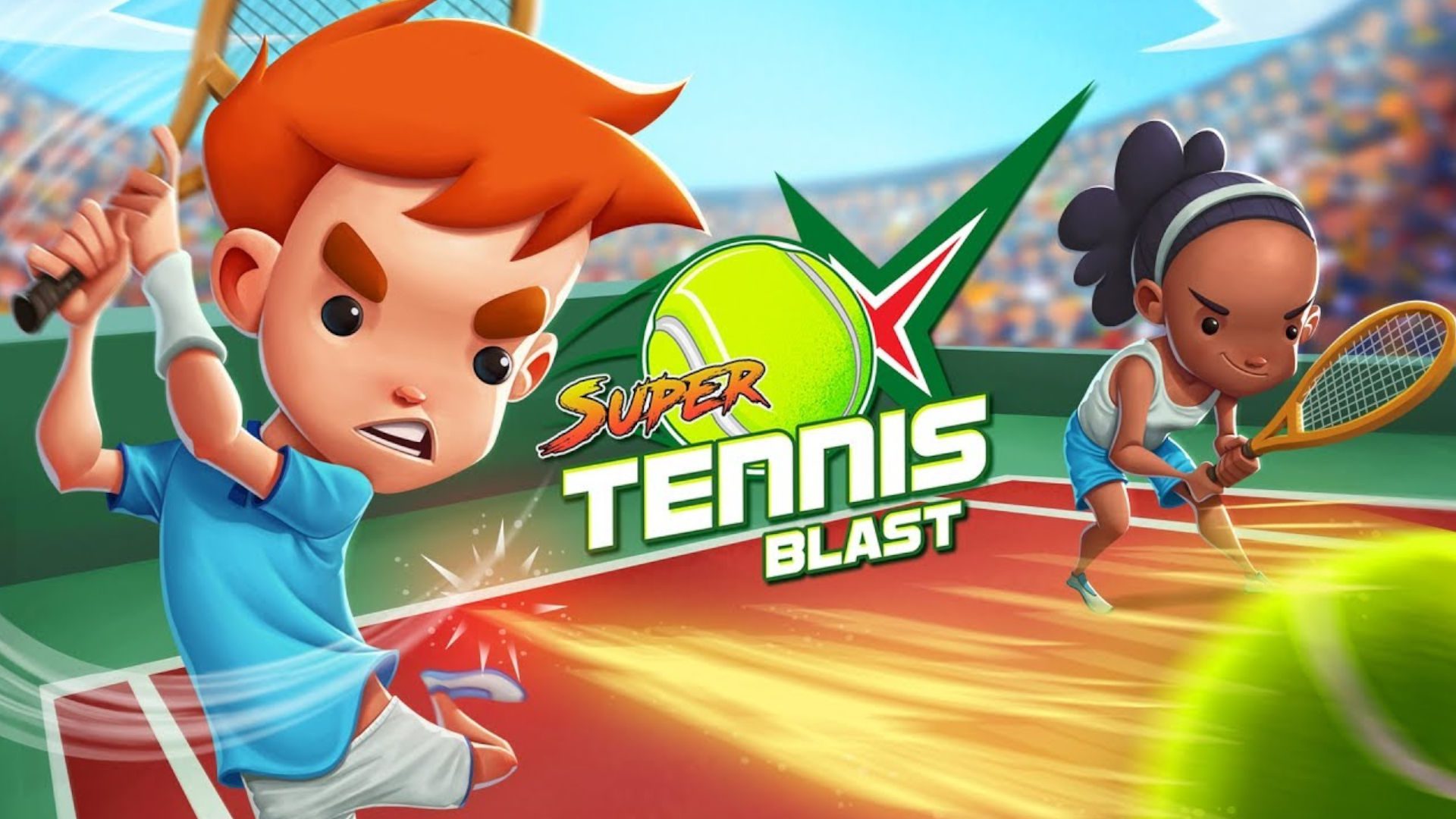 Arte chave para Super Tennis Blast, um dos jogos de tênis de arcade do Switch