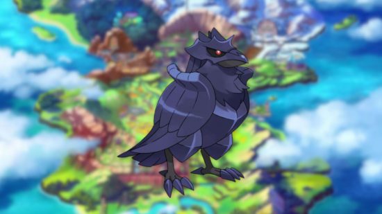 Imagem de Corviknight em um fundo de Galar para o melhor guia de Pokémon da geração 8