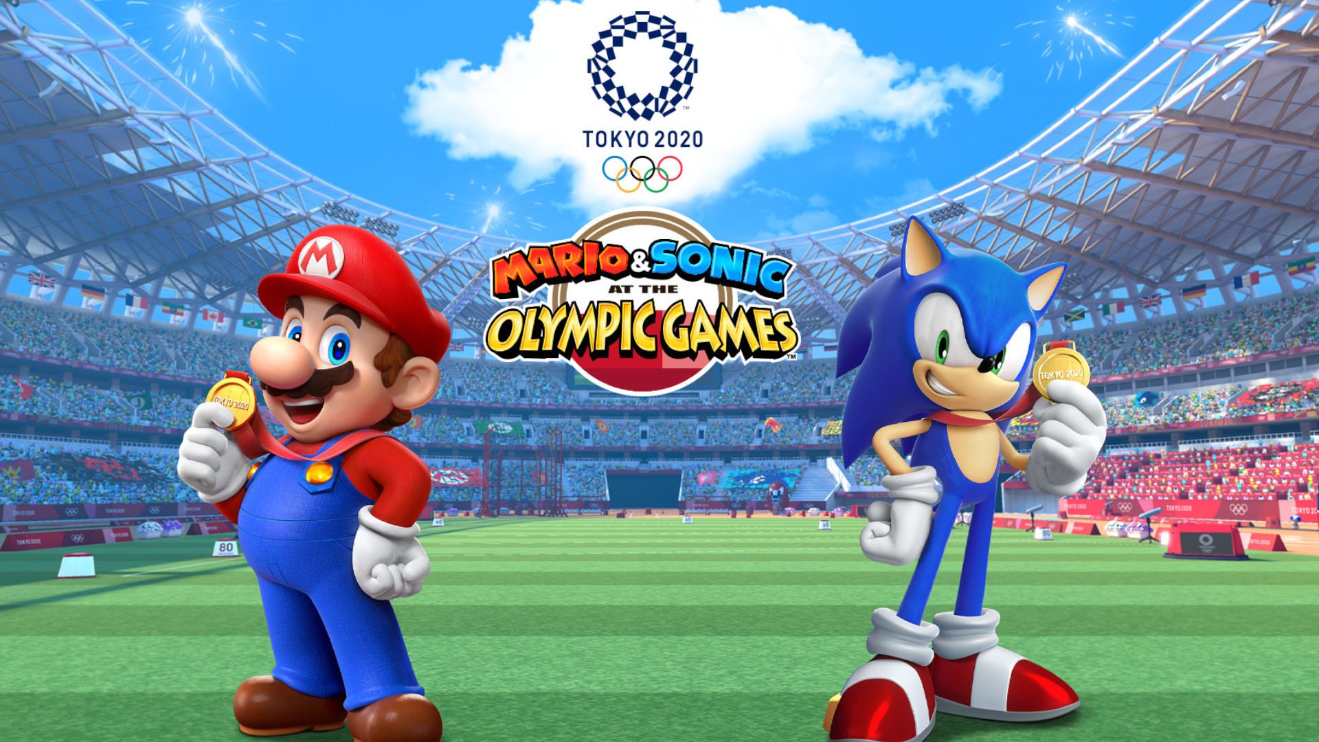 Mario e Sonic na capa dos Jogos Olímpicos de Tóquio 2020, com mario e sonic em pé em um estádio