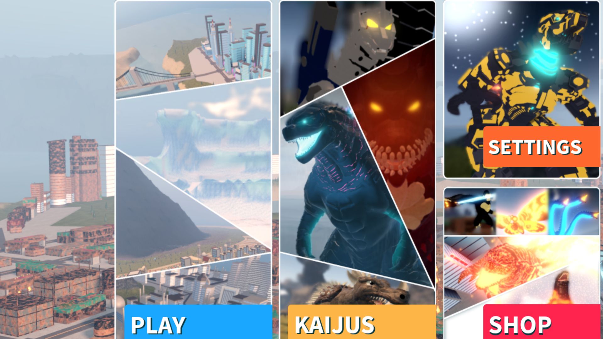 O menu do jogo Roblox Kaiju Universe.  Há quatro fotos, uma de uma paisagem com a palavra 'play' na parte inferior, um mashup estilo quadrinhos de Kaiju com aparência de Godzilla com a palavra 'kaijus' na parte inferior e um menu de configurações, tudo na frente de um grande paisagem virtual.