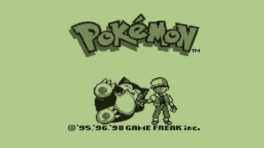 Tela inicial de Pokémon Blue com o personagem do jogador posando ao lado de Snorlax