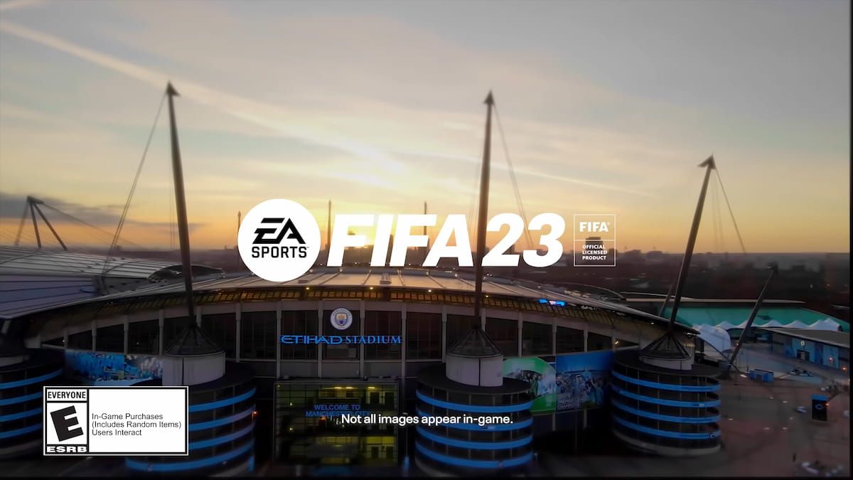 Estádio Etihad ao fundo com FIFA 23 escrito na imagem