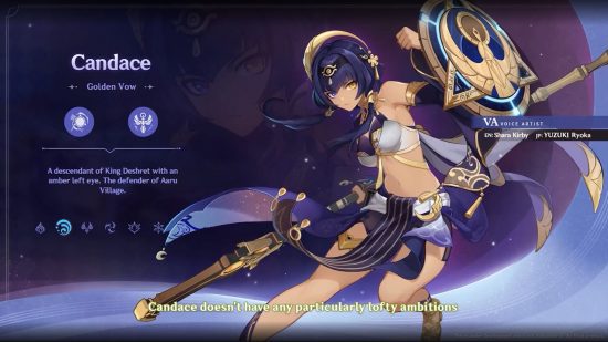 Splash art de Genshin Candace com uma breve visão geral de sua história à esquerda.